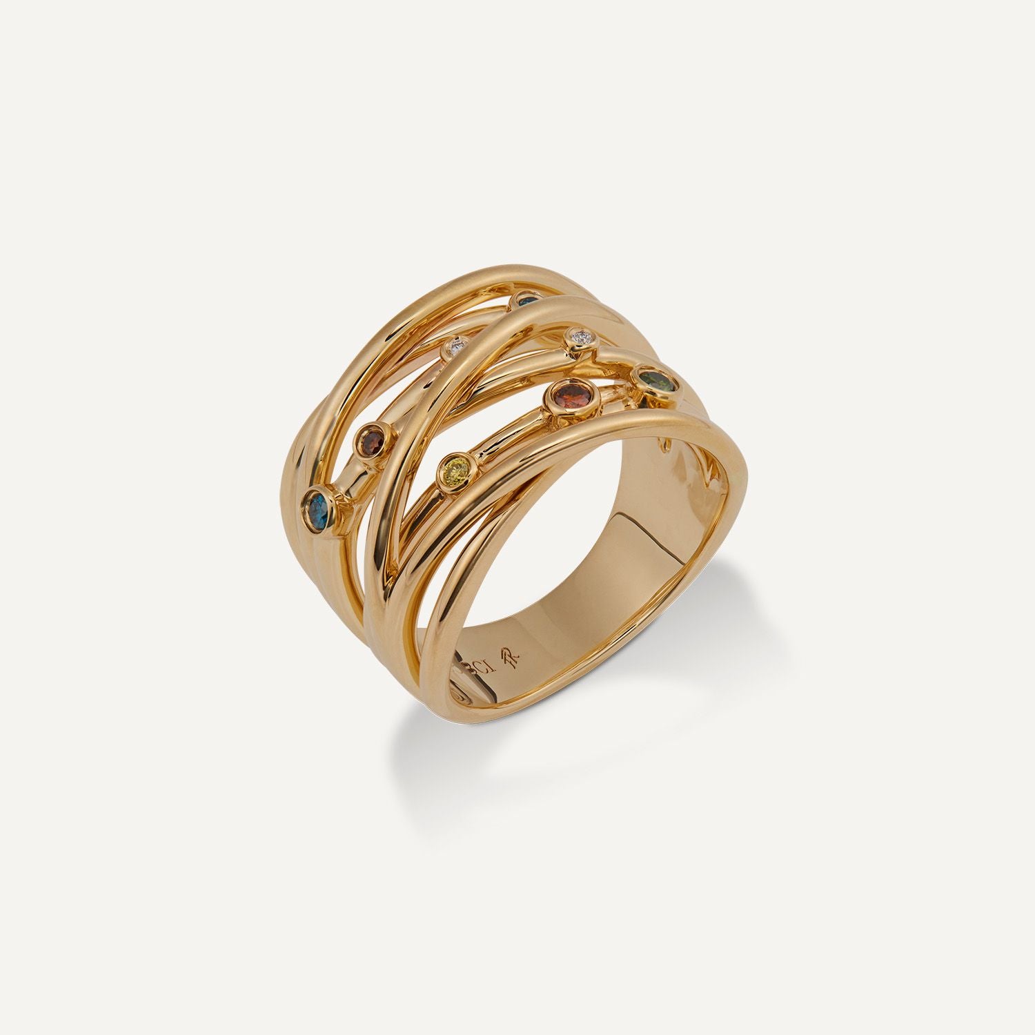 Breiter Ring in Gelbgold mit ineinander verschlungenen Ring-Schienen; diese sind besetzt mit in Gelbgold eingefassten Brillanten in blau, rot, gelb, weiß, grün;