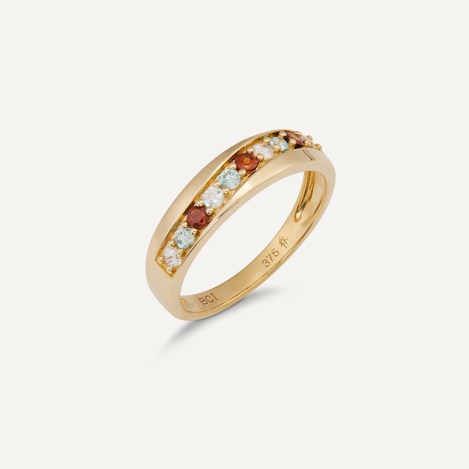 Band-Ring in Gelbgold besetzt mit roten, blauen und weißen Zirkonen im Wechsel;