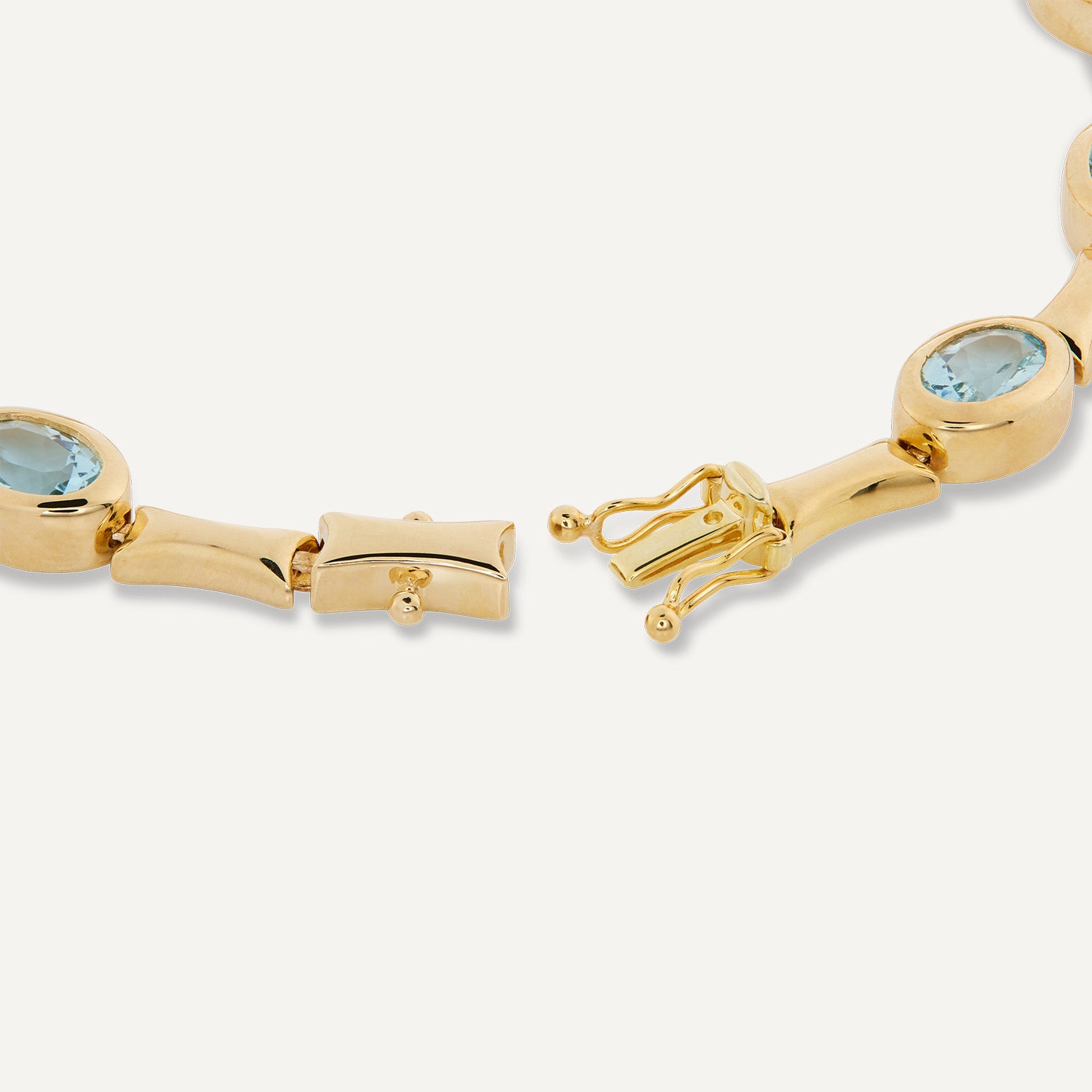 Ausschnitt eine Kastenverschlusses eines Armbands in Gelbgold durchbrochen mit in Gold eingefassten hellblauen Steinen;