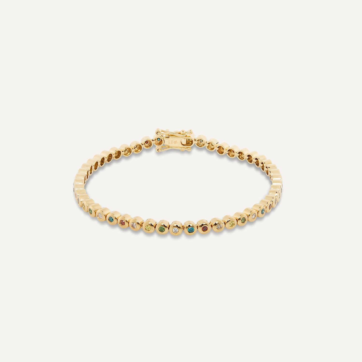 Armband aus Gelbgold mit direkt aneinander gereihten, einzeln eingefassten Brillanten in Gelbgold in den Farben rot, blau, gelb, grün, weiß;