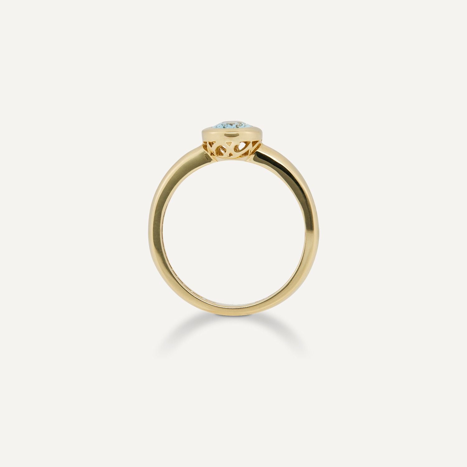 Seitenansicht eines Band-Rings in Gelbgold mit einem in Gelbgold gefassten, ovalen, hellblauen Stein;
