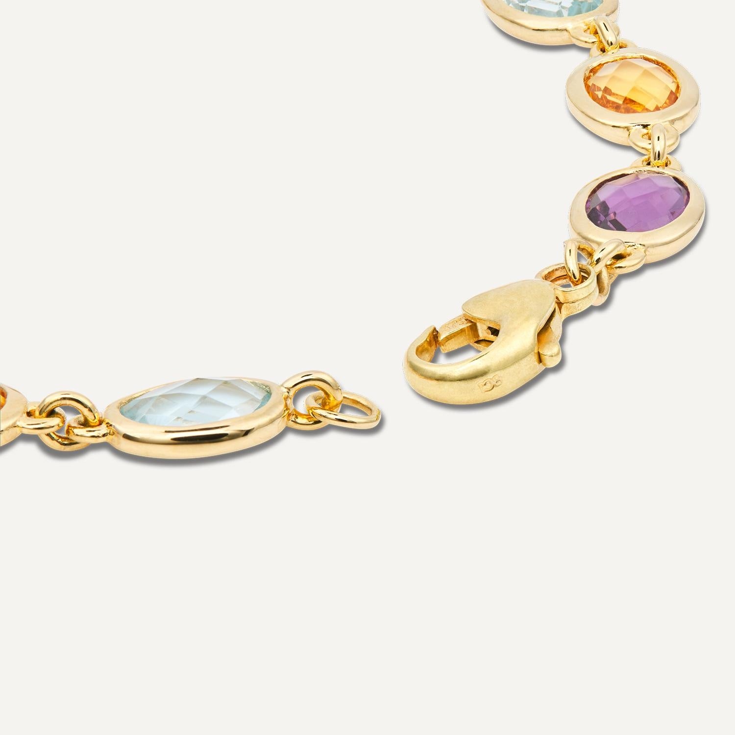 Ausschnitt des goldenen Karabinerverschlusses an einem goldenen Armband aus in Gold eingefassten Steinen in lila, gelb, blau;