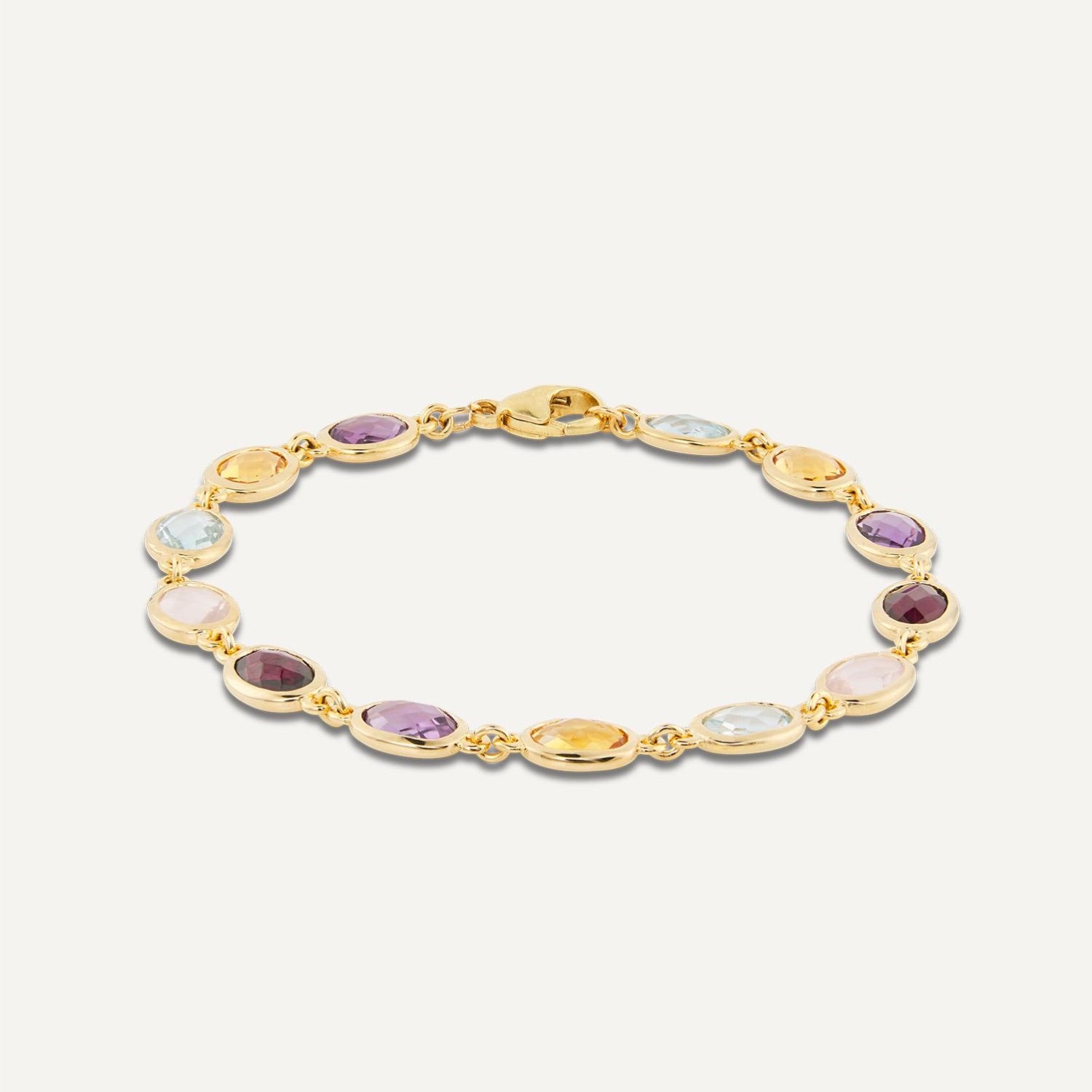 Goldenes Armband aus 13 in Gold eingefassten Steinen in lila, gelb, blau, weiß, dunkelrot;