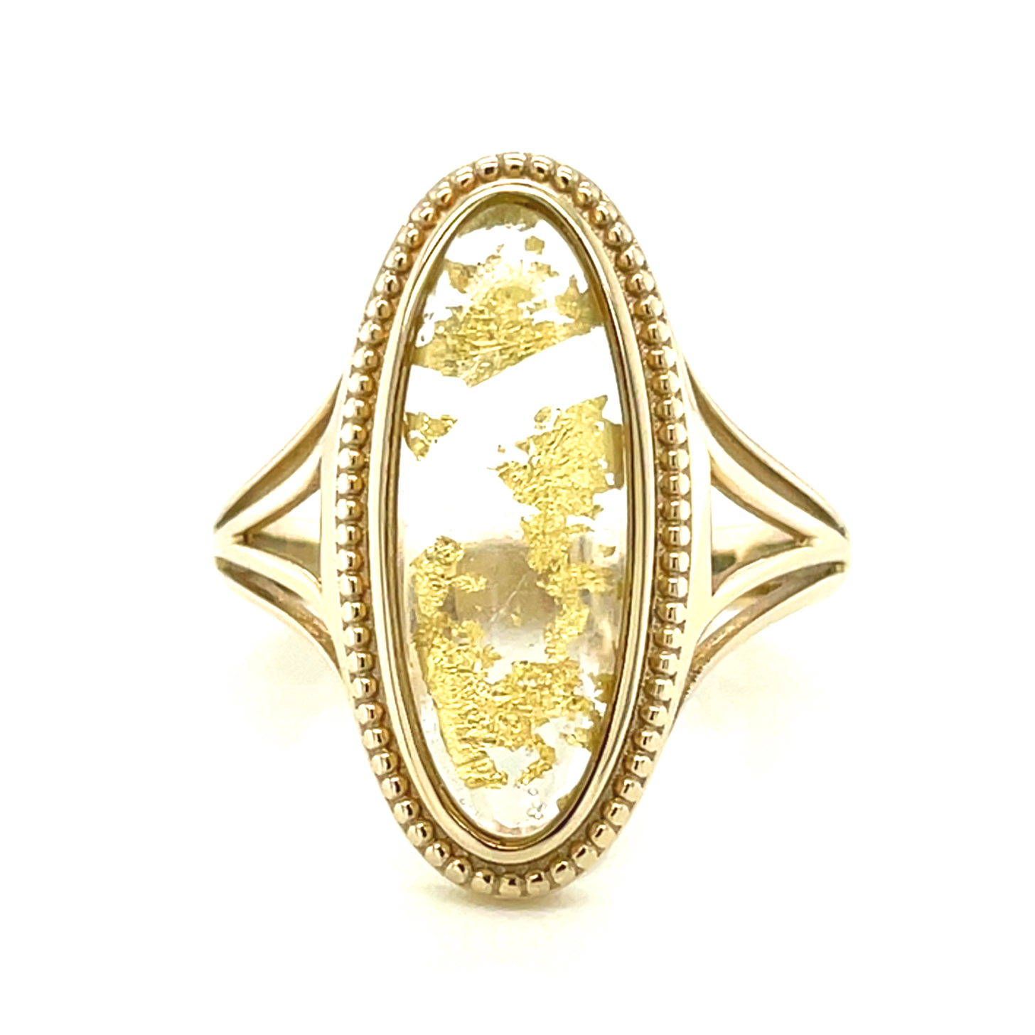 Bergkristall/Blattgold, farblos/gold, oval Cabochon, ca. 4,00 ct. Edelstein Ring Gelbgold 375/000 Sogni d´oro Classic