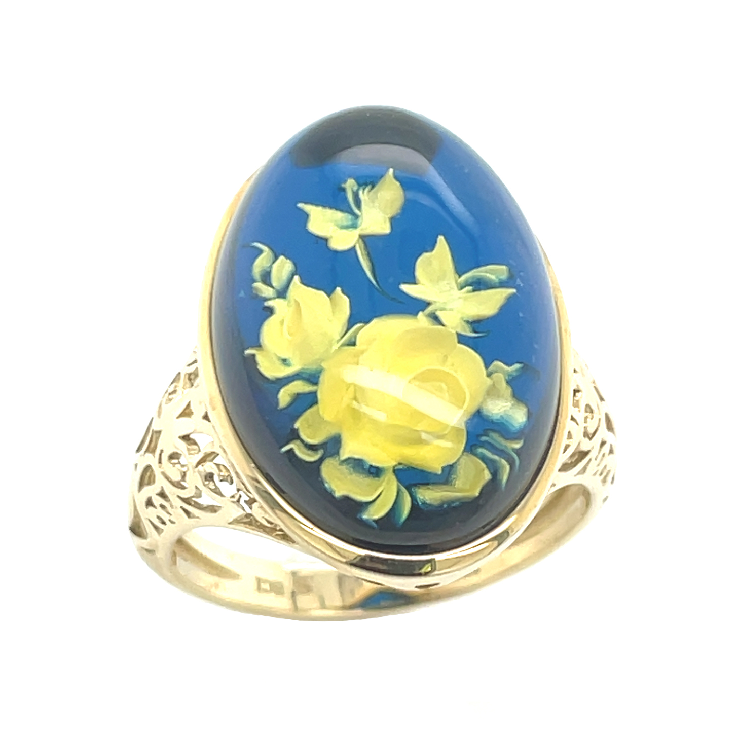 Bernstein/Copal "Butterfly Dance", oval Cabochon/graviert, ca. 3,800 ct. Edelstein Ring Gelbgold 375/000 Sogni d´oro Classic
