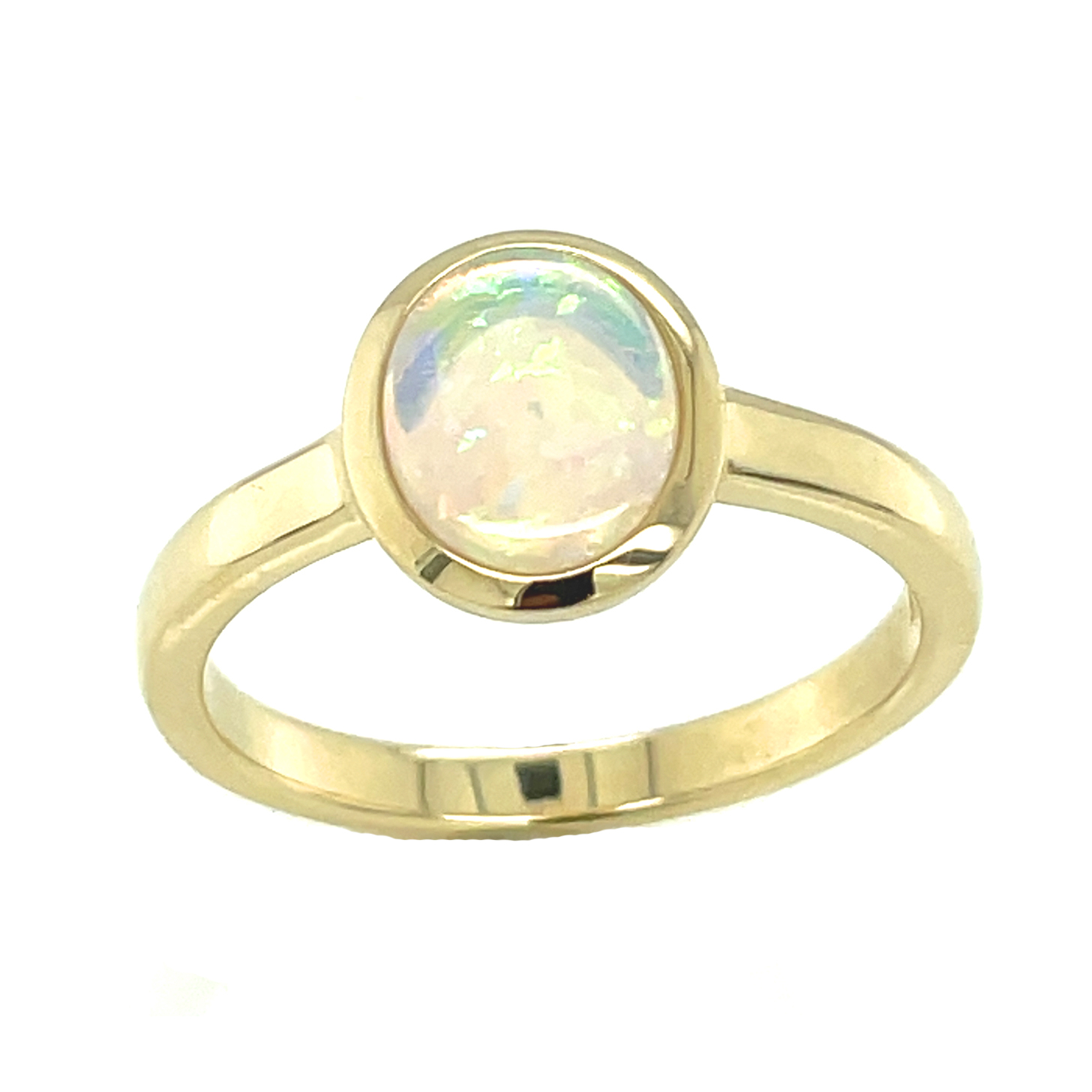 Australischer Kristallopal, weiß-opalisierend, oval Cabochon, ca. 0,900 ct. Edelstein Ring Gelbgold 585/000 Sogni d´oro Terra Opalis