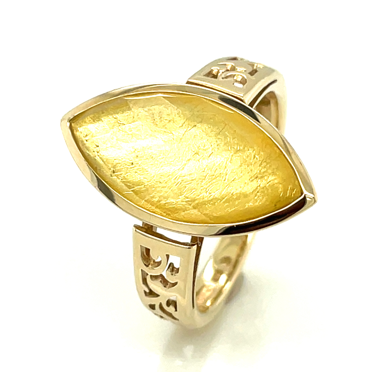 Bergkristall/Blattgold, Navette Cabochon , ca. 4,10 ct. Edelstein Ring Gelbgold 375/000 Sogni d´oro Classic