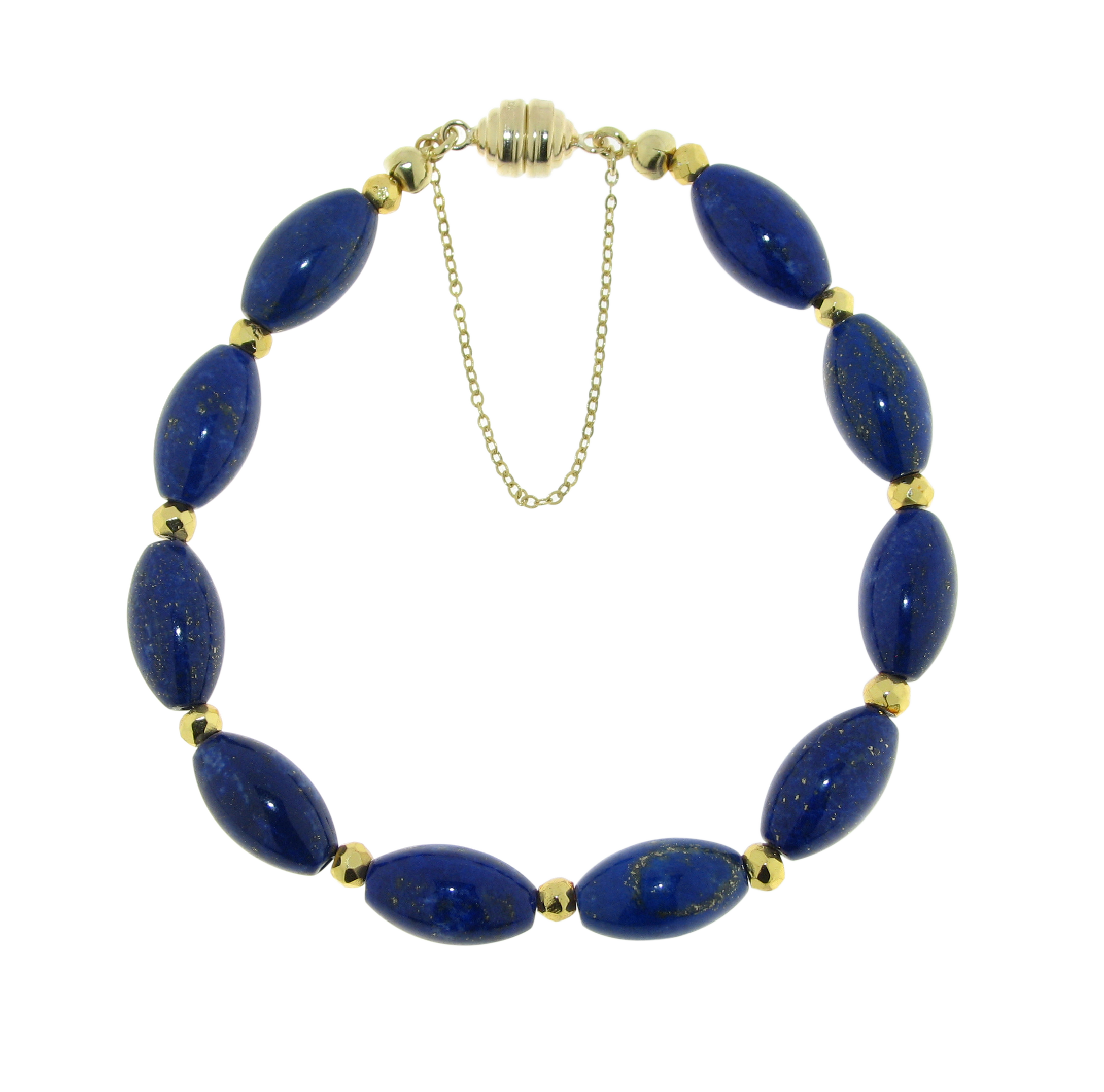 Armband mit glatten Lapis Lazuli Oliven und  goldcoated Pyrit Rondellen mit Magnetverschluss 375 GG